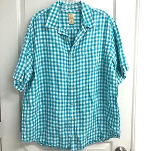Jos A Bank Linen Shirt SzXL Blue White Plaid Button Front Short Sleeve Travelers